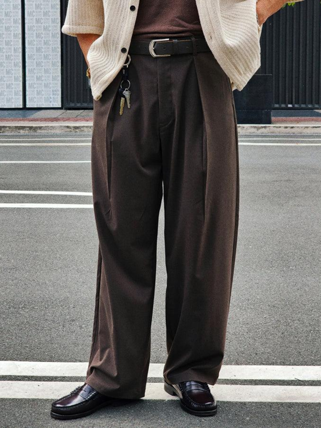 Double Pleated Wide Leg Trousers – Brown