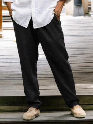 Linen Trousers with Elastic Waist – Black