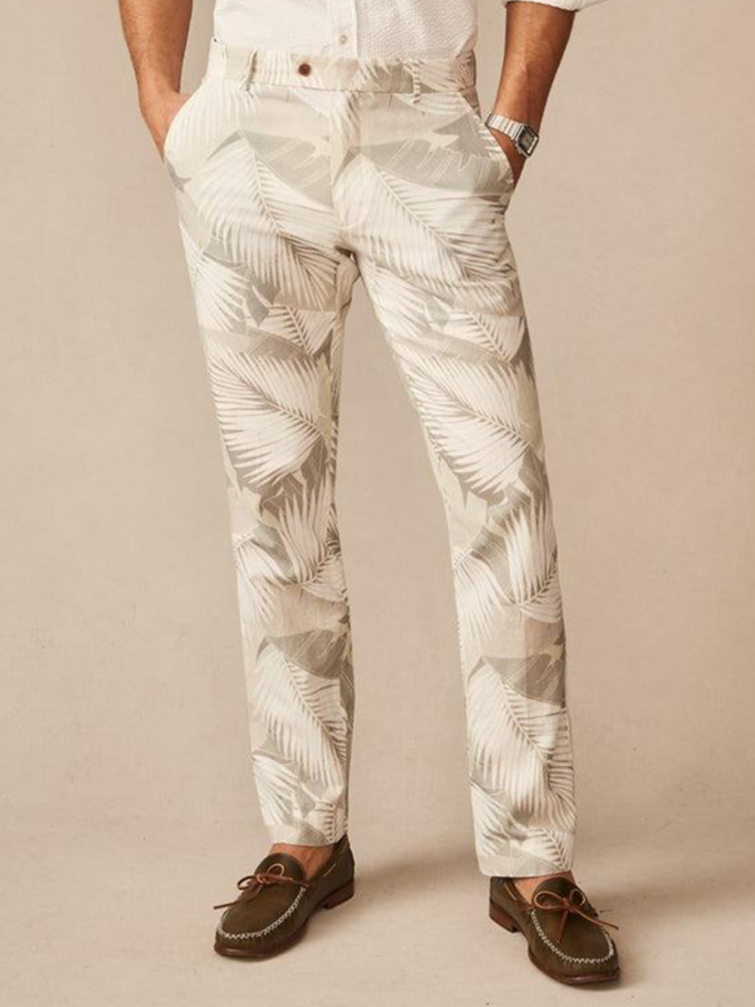 Printed Linen Trousers – White - Image 3