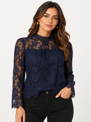 Navy Blue High-Neck Lace Blouse
