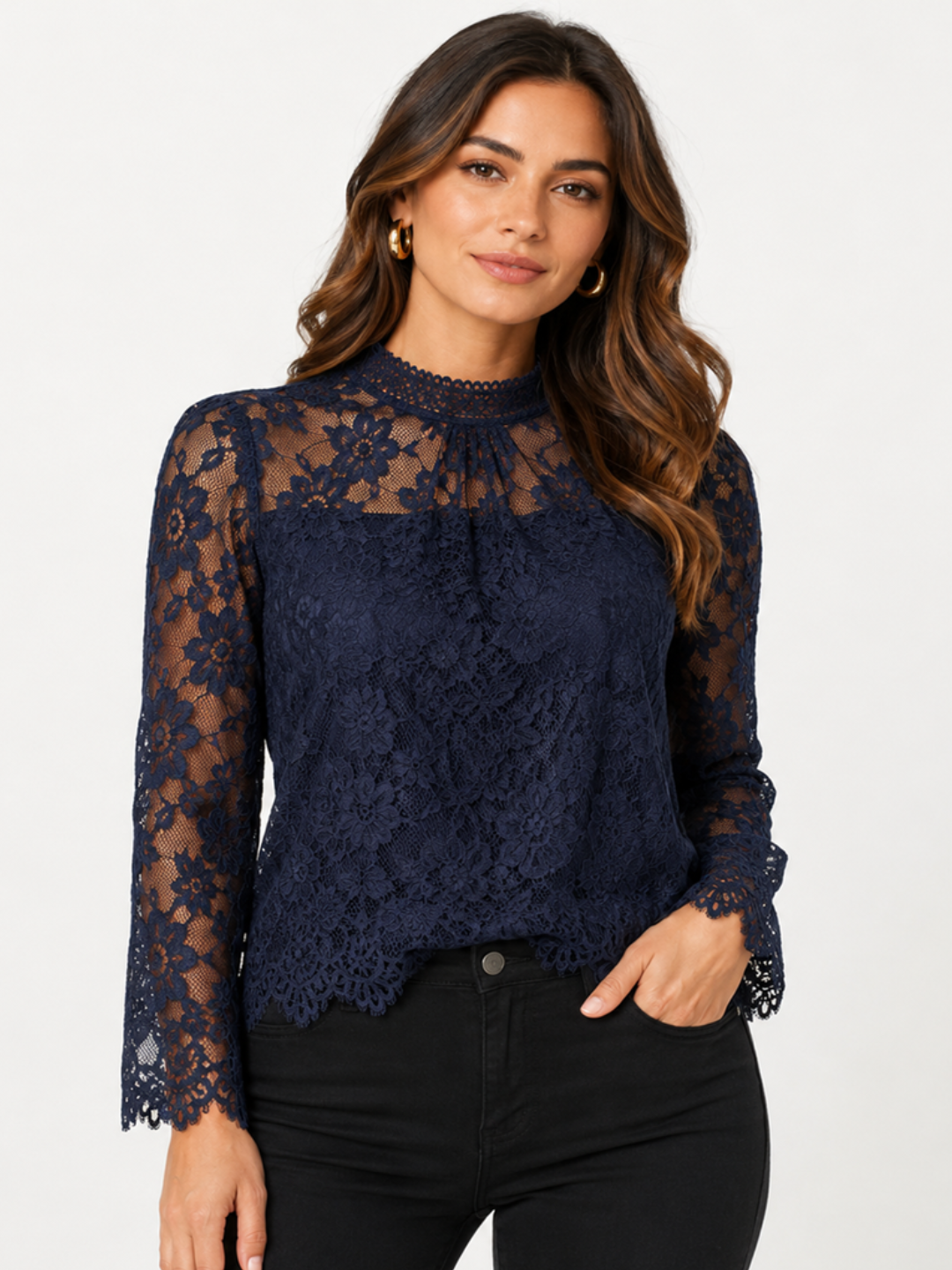 Navy Blue High-Neck Lace Blouse