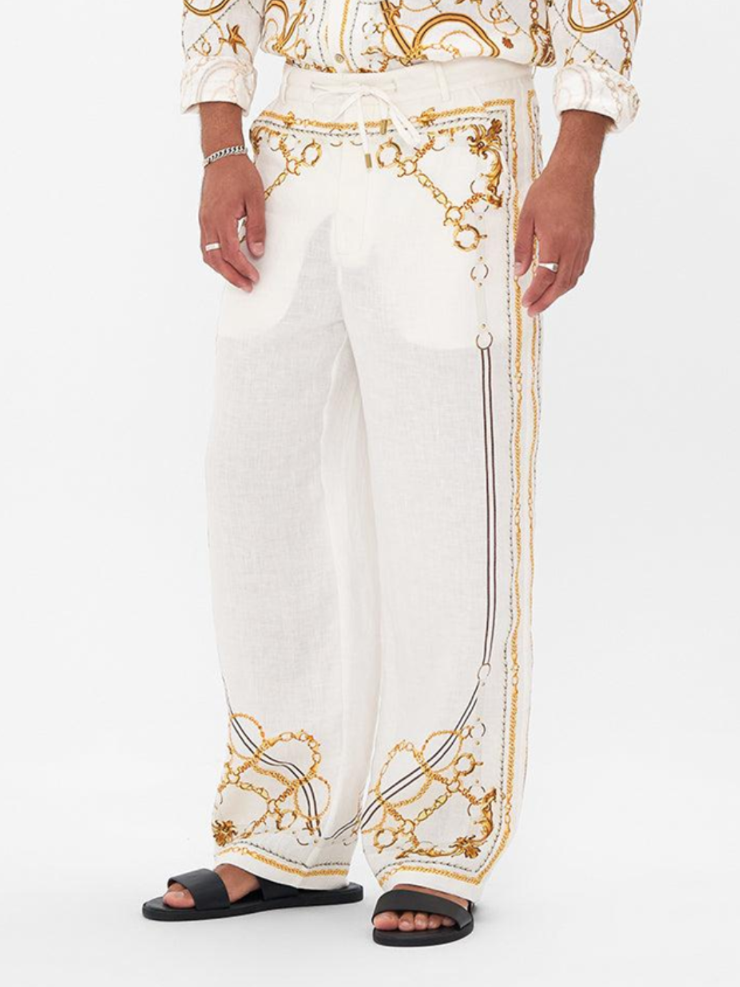 Printed Linen Trousers – White