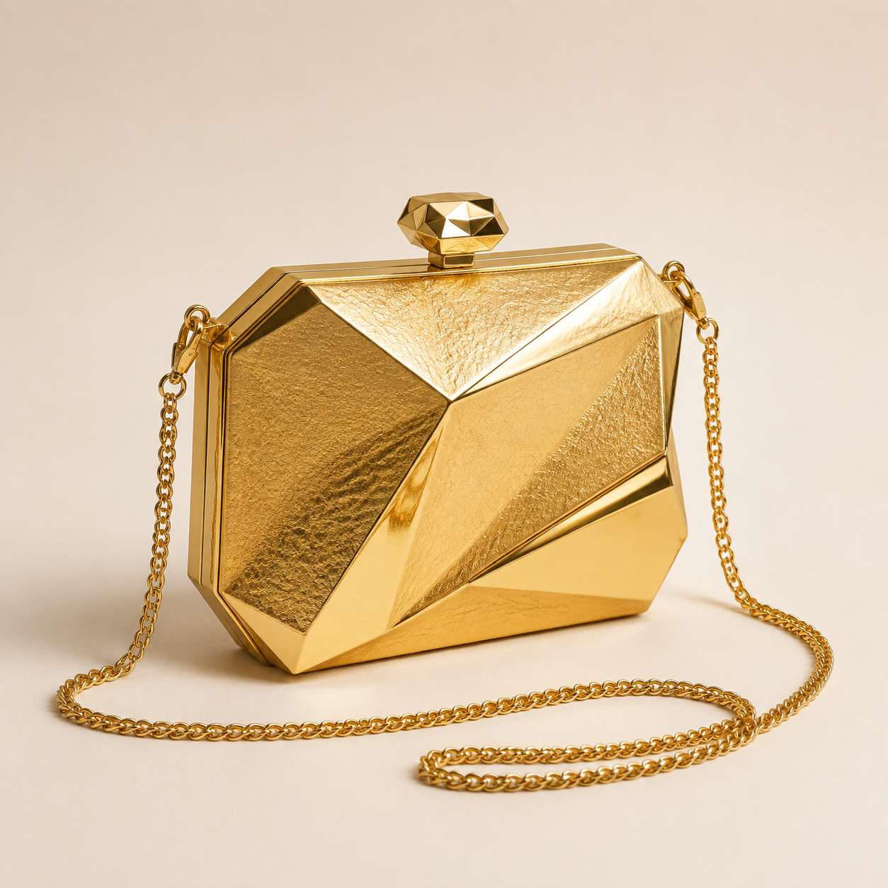 Abstract Hardbox Clutch Bag with Crossbody Strap in Golden