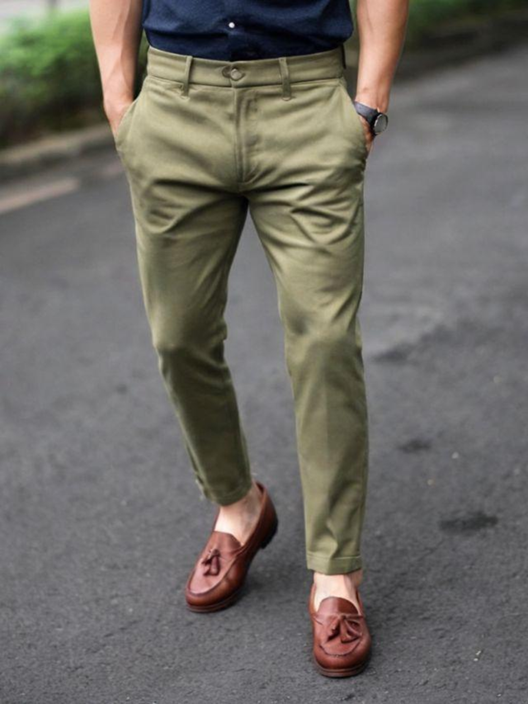 Slim Fit Chino Trousers – Olive Green - Image 3
